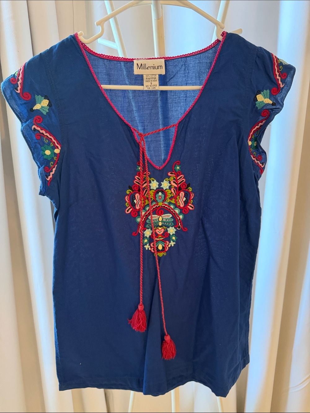 Floral Royal Blue Embroidered V-Neck Tunic with Tassels